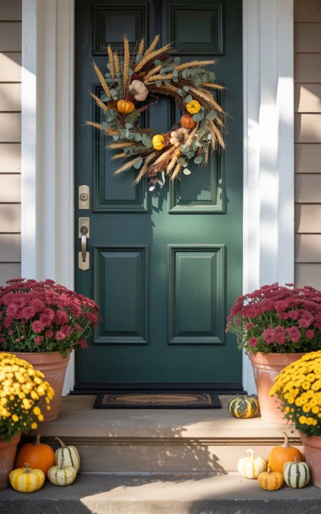 A photograph of a beautifully designed front door, painted a deep autumnal green, serving as the focal point of a cozy fall scene. The door features a nickel key lock and is adorned with a wreath crafted from dried wheat stalks, eucalyptus sprigs, and miniature pumpkins. Flanking the doorway are terracotta pots overflowing with vibrant burgundy and golden yellow mums, with small gourds nestled along the stone steps leading to the porch. Soft, golden sunlight illuminates the scene, creating long shadows and highlighting the rich textures of the wreath and foliage.