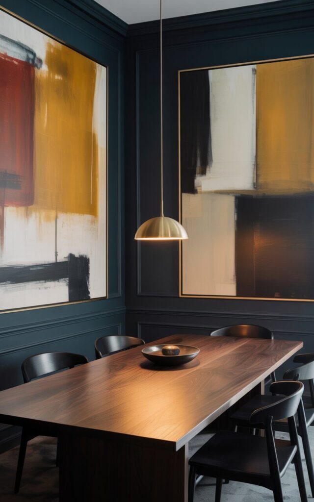 A moody interior photograph of a sophisticated dining room that functions as a curated art gallery, with walls painted in deep charcoal slate that create dramatic contrast. Large abstract paintings in muted tones of ochre, cream, and burgundy dominate the wall space, their bold brushstrokes and geometric forms commanding visual attention while maintaining artistic restraint. A sleek dark walnut dining table sits at the center, its rich wood grain illuminated by a single brass pendant light that casts a warm, focused glow downward. Minimalist black dining chairs with clean lines surround the table, while the deliberately sparse décor allows the artwork to breathe and establishes an atmosphere of quiet, intentional sophistication.