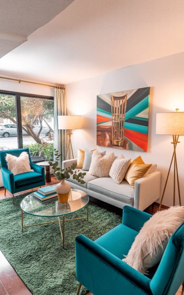 Two teal accent chairs with plush velvet upholstery face a light gray sofa arranged with a collection of throw pillows in cream, ivory, and pale gray. A round glass coffee table rests on a green area rug that defines the seating area, with a stack of three books and a ceramic vase holding sprigs of eucalyptus placed on top. Two brass floor lamps with white linen shades flank either side of the sofa, casting a warm glow on the walls painted in a soft off-white hue. Large windows reveal a glimpse of a tree-lined street outside, with diffused sunlight filtering through sheer curtains.