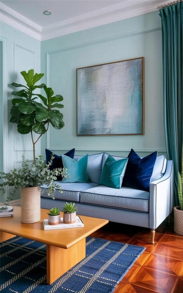 A powder blue sofa with clean lines forms the central focus of the room, adorned with three navy blue velvet cushions and two teal linen cushions. A low, rectangular coffee table made of light wood sits in front of the sofa, displaying a cylindrical ceramic vase filled with eucalyptus branches and two small potted succulents. The walls are painted a pale aqua and feature a large, rectangular abstract painting with subtle variations of blue and gray. A dark blue area rug with a geometric pattern lies on the polished hardwood floor, anchoring the arrangement while a tall fiddle-leaf fig plant stands in a corner, its leaves reaching towards the ceiling.