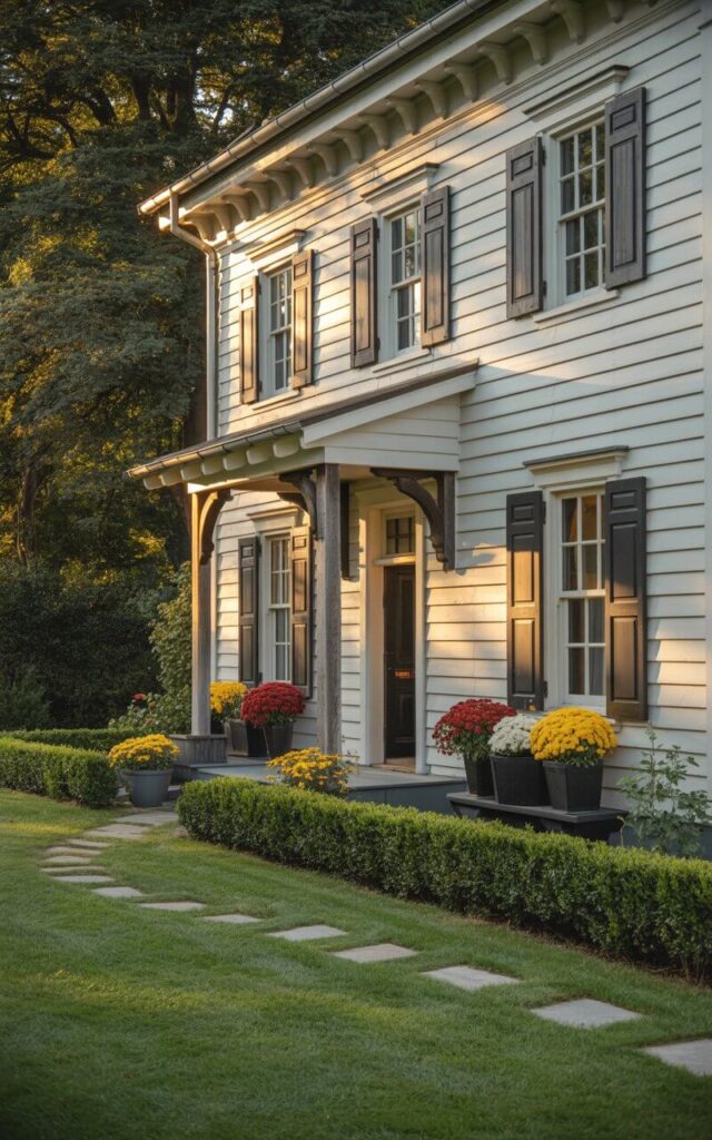 A photograph of a beautifully designed farmhouse, bathed in the warm glow of late afternoon sunlight. The exterior is painted a soft dove white with detailed board and batten siding, and black shutters frame each window, creating a striking contrast. A stone path leads to a welcoming porch with rustic wooden columns, lined with vibrant red and yellow mums. The lush, green lawn and neatly trimmed hedges create a sense of tranquility and timeless charm.