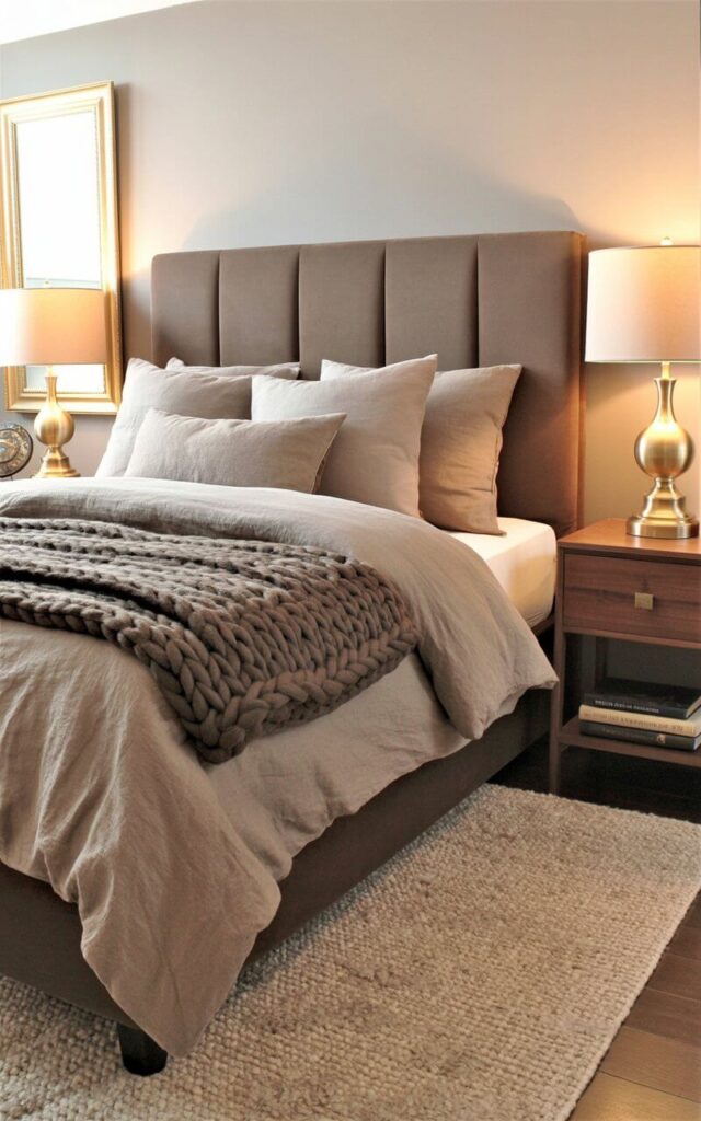 A queen-sized bed with a taupe upholstered headboard sits centered in a warmly lit bedroom. The bed is layered with taupe linen bedding, a chunky knit brown throw blanket folded at the foot, and several plush pillows. A gold-framed mirror hangs on the wall above a pair of walnut nightstands, each holding a brass reading lamp with a beige lampshade and a stack of books. A beige area rug covers the hardwood floor, anchoring the bed and nightstands in a clean and uncluttered space.