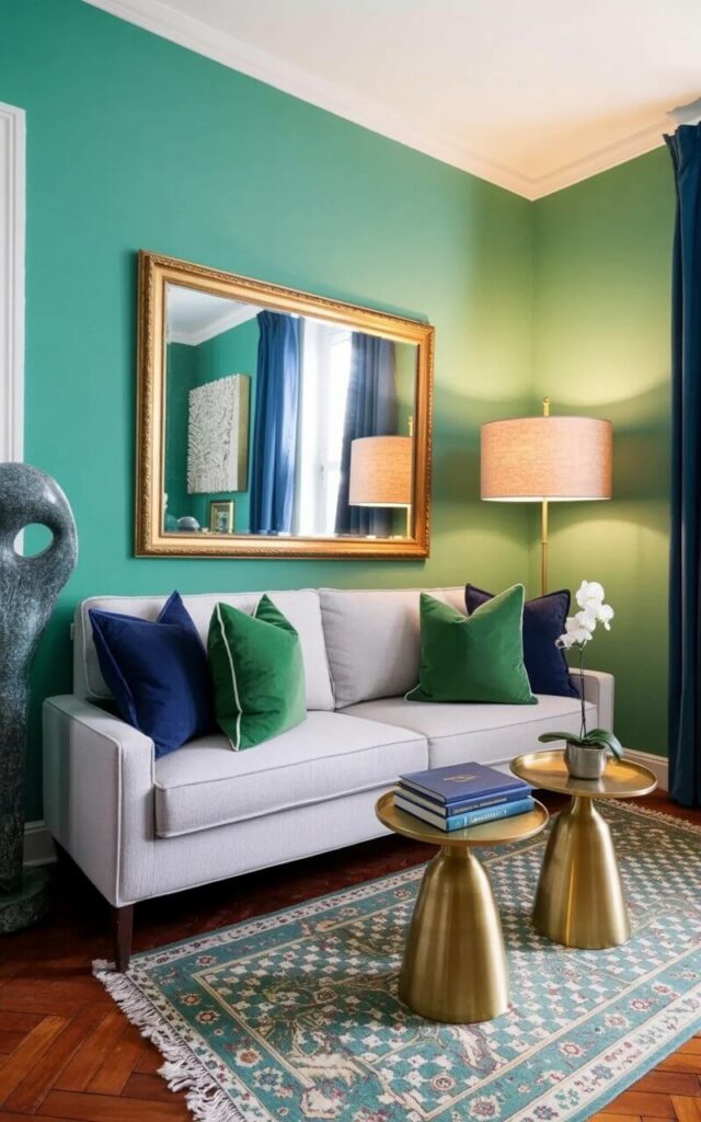 A light gray sofa sits centered within the living room, adorned with three emerald green throw pillows and two navy blue cushions. Two brass side tables flank the sofa, one holding a stack of three books with dark blue covers and the other displaying a small ceramic vase with a single white orchid. A gold-framed mirror hangs on the wall above the sofa, reflecting the room’s interior, while a brass floor lamp with a linen shade stands in the corner, casting a warm glow. A patterned rug with a geometric design in shades of teal, gray, and cream covers the hardwood floor, anchoring the room's arrangement with a large abstract sculpture positioned in the far corner.