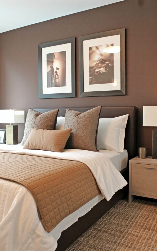 A brown bedroom where wall art brings the palette together. The very cozy bed is styled with crisp white bedding, a caramel quilt, and patterned taupe pillows. Above it hangs sepia-toned photography framed in dark wood, adding personality. The space is very well decorated with minimalist touches—an oak nightstand, simple lamp, and a woven rug. The minimalist design ensures the artwork and bed remain the stars of the bedroom.
