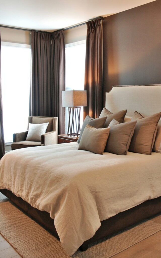 A king-sized bed with an upholstered headboard sits near a large window, facing floor-to-ceiling curtains in a deep chocolate brown fabric. The bed is covered with ivory linen bedding and several taupe throw pillows of varying sizes are arranged against the headboard. A small armchair upholstered in a light gray fabric sits in a corner with a simple wooden nightstand beside the bed, holding a dark metal floor lamp with a linen shade. The room is finished with light brown hardwood floors and a neutral-colored rug placed underneath the bed, creating a sense of warmth and quiet luxury.
