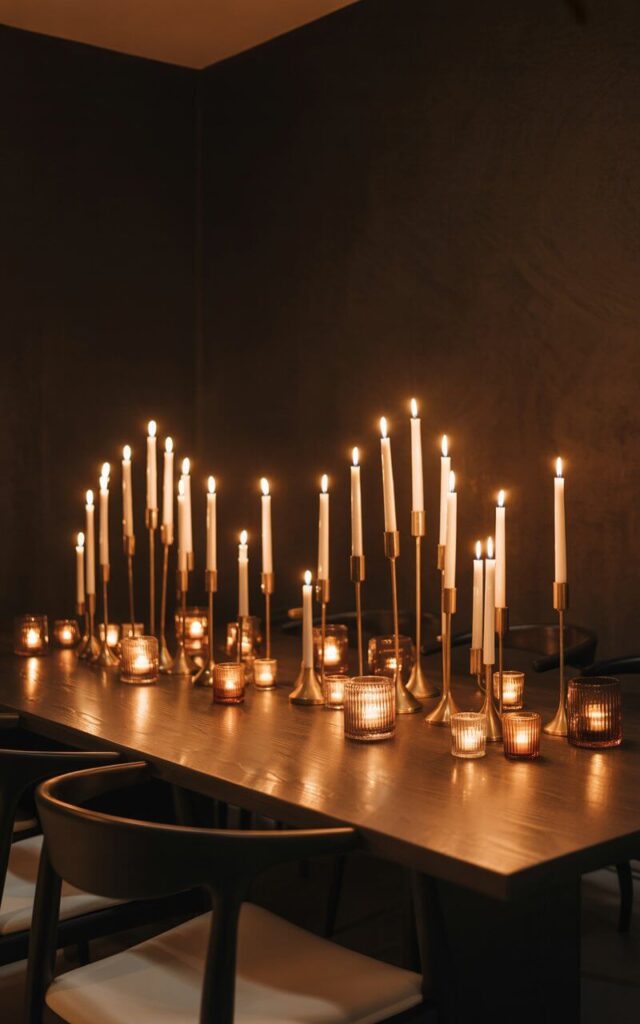 A moody photograph of an elegant dining room where dozens of flickering candles create a symphony of warm, golden light. The minimalist dining table, crafted from dark wood, serves as a stage for an artful arrangement of brass candleholders in varying heights, each crowned with glowing tapers and surrounded by delicate glass votives. Simple, modern dining chairs with clean lines frame the table, their understated design allowing the candlelight to remain the focal point. The dark charcoal walls absorb and reflect the dancing flames, creating shifting patterns of light and shadow that transform the space into an intimate sanctuary of romantic warmth and timeless sophistication.