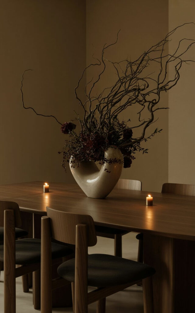A cinematic photograph of a sophisticated minimalist dining room dominated by a striking sculptural centerpiece of twisted black branches and dark burgundy flowers arranged in a sleek ceramic vessel. The organic arrangement rises dramatically from a smooth walnut dining table, surrounded by four understated dining chairs with clean geometric lines in charcoal upholstery. Soft candlelight from slim taper candles flickers across the polished surfaces, casting gentle shadows that dance along the walls and emphasize the room's refined restraint. The overall atmosphere is moody and intimate, with warm amber lighting creating depth and drama while maintaining the space's elegant minimalist aesthetic.