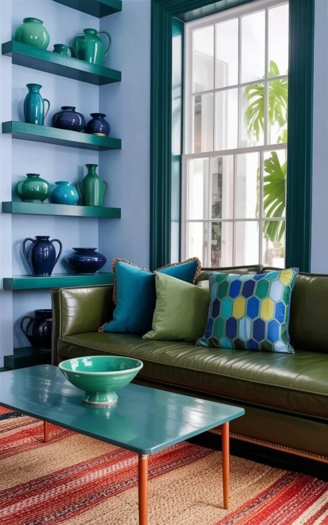 A dark green sofa with a low profile sits against a light blue wall, adorned with three pillows—one in a deep teal, one in forest green, and one with a geometric pattern incorporating shades of blue and green. Handmade ceramic pottery in turquoise, navy blue, and sage green is displayed on a set of floating shelves positioned to the left of the sofa. A glazed ceramic bowl with a wide rim sits on a rectangular coffee table with thin wooden legs, reflecting a soft light. Natural light streams through a large window, illuminating the subtle textures of the woven rug on the floor and highlighting the grain of the wooden shelves.