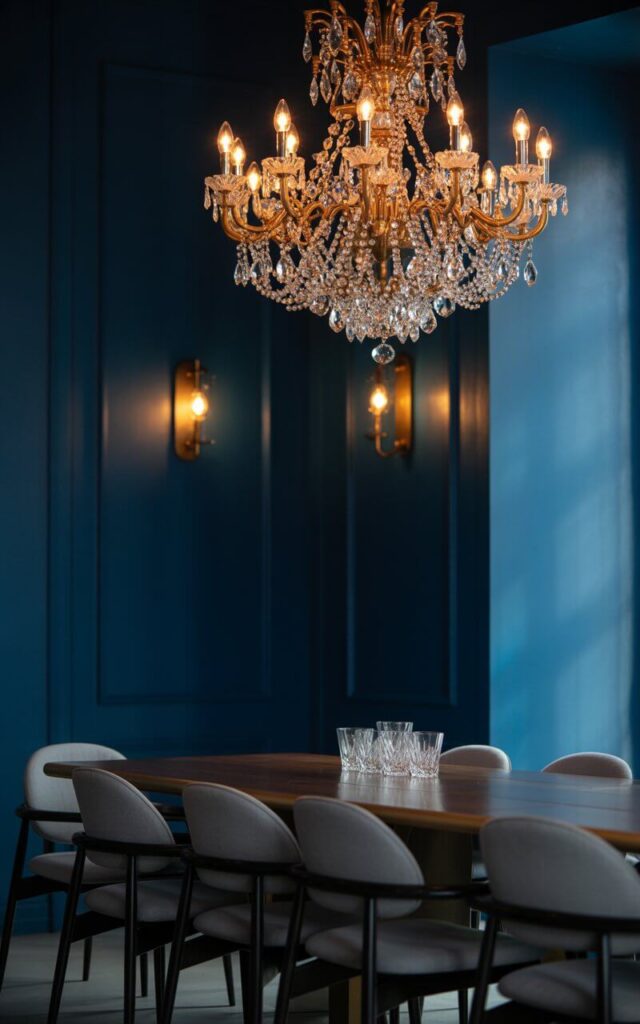 A sophisticated interior photograph of a moody dining room dominated by an ornate crystal chandelier casting warm, amber light from above. The grand chandelier features multiple tiers of cut glass crystals and brass accents, hanging elegantly over a sleek wooden dining table surrounded by minimalist gray upholstered chairs. Deep navy blue walls create a dramatic backdrop, punctuated by subtle brass wall sconces that provide layered ambient lighting throughout the space. The chandelier's light creates delicate reflections on crystal glassware and polished surfaces, while the overall composition balances luxurious elements with restrained, modern sophistication.