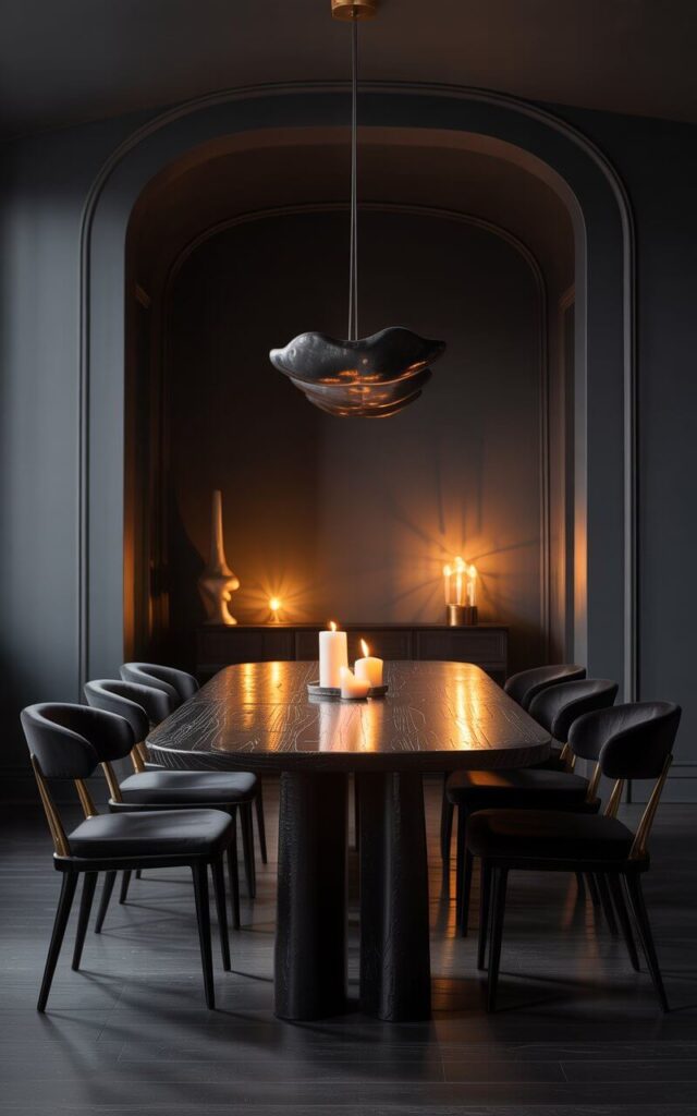 A sophisticated interior photograph of a moody dining room with deep charcoal-painted walls that create a dramatic, cocoon-like atmosphere. At the center stands a sleek dark-stained wooden dining table surrounded by minimalist black velvet-upholstered chairs, while subtle gold accents gleam throughout the space in carefully chosen fixtures and details. A striking sculptural chandelier hangs overhead, casting pools of warm, intimate light that dances with the soft flicker of strategically placed candles on the table and nearby surfaces. The soft, diffused lighting filters through the room, highlighting the refined textures and creating gentle shadows that emphasize the elegant balance between luxury and restrained minimalism.