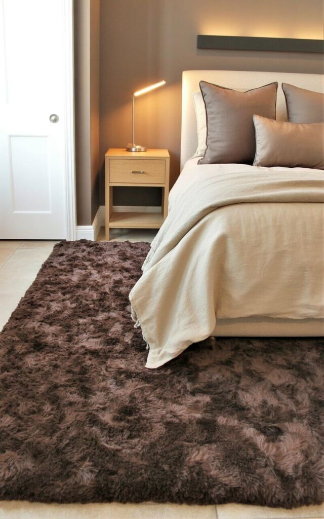 A plush, chocolate-colored rug covers the floor, its dense fibers creating a soft texture. A bed with cream-colored linen bedding is arranged with three taupe pillows and a light beige throw draped across the foot. A simple oak nightstand stands beside the bed, topped with a slender reading lamp that emits a warm glow. The room is enclosed by neutral-toned walls, and a closed white door is visible in the background.