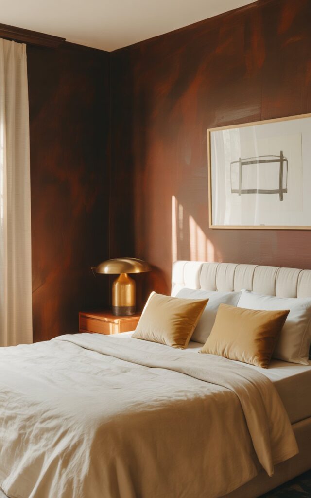 A photograph of an elegant bedroom with rich chocolate brown painted walls that create a warm, enveloping atmosphere. The centerpiece is a plush bed dressed in cream-colored linens and soft gold throw pillows, positioned against the dark backdrop with a simple framed abstract art piece hanging above a tufted headboard. A sleek wooden nightstand holds a brass table lamp with a warm amber glow, while natural sunlight filters through sheer ivory curtains, casting gentle shadows across the room. The minimalist design maintains perfect balance between luxury and simplicity, with the deep brown walls providing dramatic contrast to the light, airy textiles.