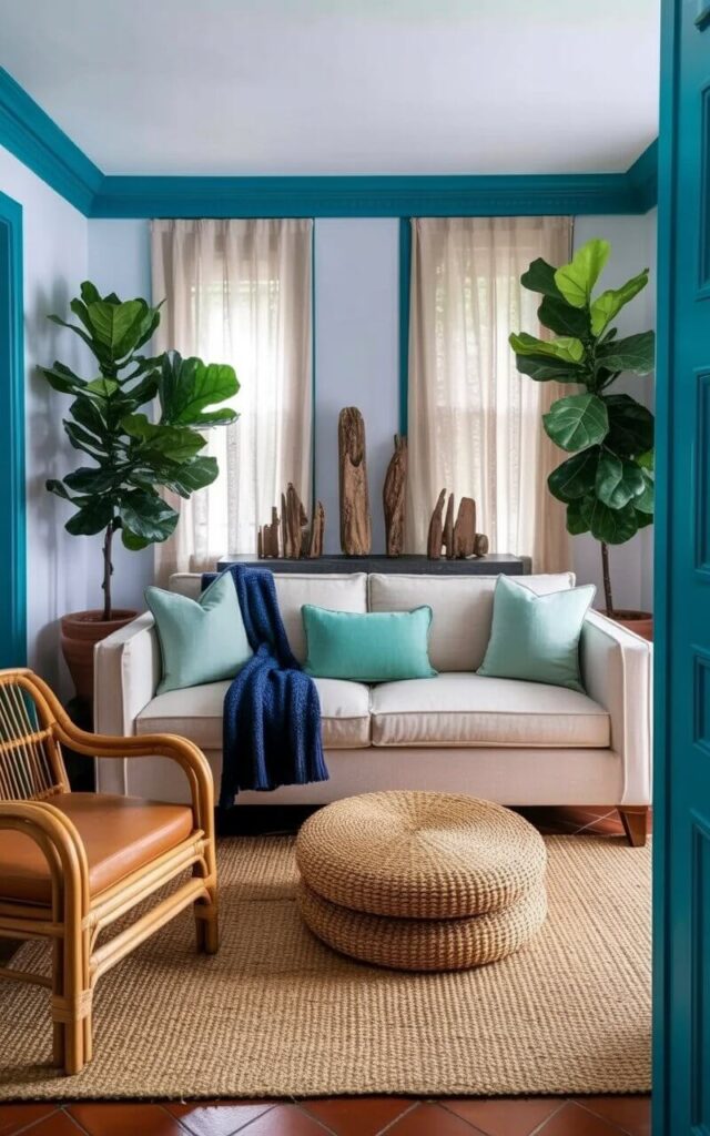 A beige linen sofa with square arms sits centered in the room, featuring four seafoam green pillows and a navy blue knit throw draped across the back. A rattan arm chair with a light brown cushion is positioned to the left of the sofa, facing a woven jute rug with a natural, textured appearance. Large fiddle leaf fig plants stand in terracotta pots in the corners of the room, while driftwood pieces are arranged on a low console table against a wall painted in a soft white. Natural light streams through sheer linen curtains, illuminating a circular jute ottoman placed in front of the sofa.