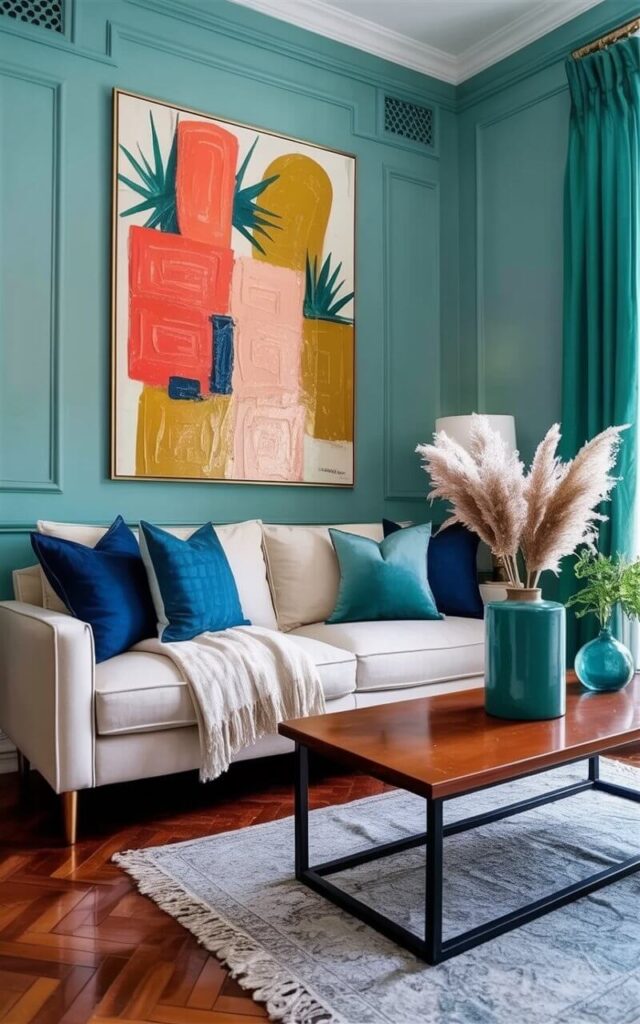A cream-colored sofa with clean lines sits against a wall painted in a muted teal hue. Several navy blue and teal throw pillows are arranged across the sofa, alongside a folded white linen blanket. Above the sofa, a large abstract painting displays shapes and patterns in coral, mustard yellow, and blush pink, contrasting against the cool background colors. A sleek, rectangular coffee table made of dark wood rests in front of the sofa, holding a cylindrical turquoise vase filled with dried pampas grass, while a pale gray rug defines the seating area on polished wooden floors.