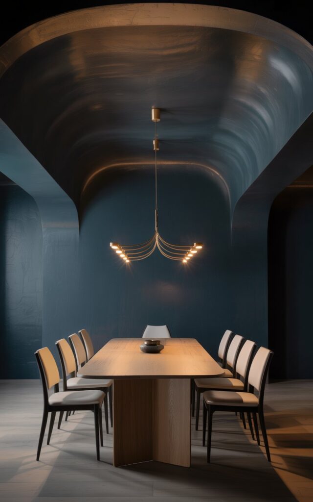 An interior photograph of a sophisticated dining room featuring a dramatic dark ceiling painted in deep graphite that creates an intimate, cocoon-like atmosphere. The minimalist dining table, crafted from light oak or white marble, sits beneath a delicate brass or copper chandelier that casts warm pools of light across the surface, surrounded by sleek upholstered chairs in charcoal or cream. The matte walls are painted in complementary deep tones of navy or charcoal, while carefully placed ambient lighting creates gentle shadows that dance across the surfaces. The overall composition emphasizes clean lines and deliberate negative space, with the interplay of light and shadow enhancing the room's tranquil, modern elegance.