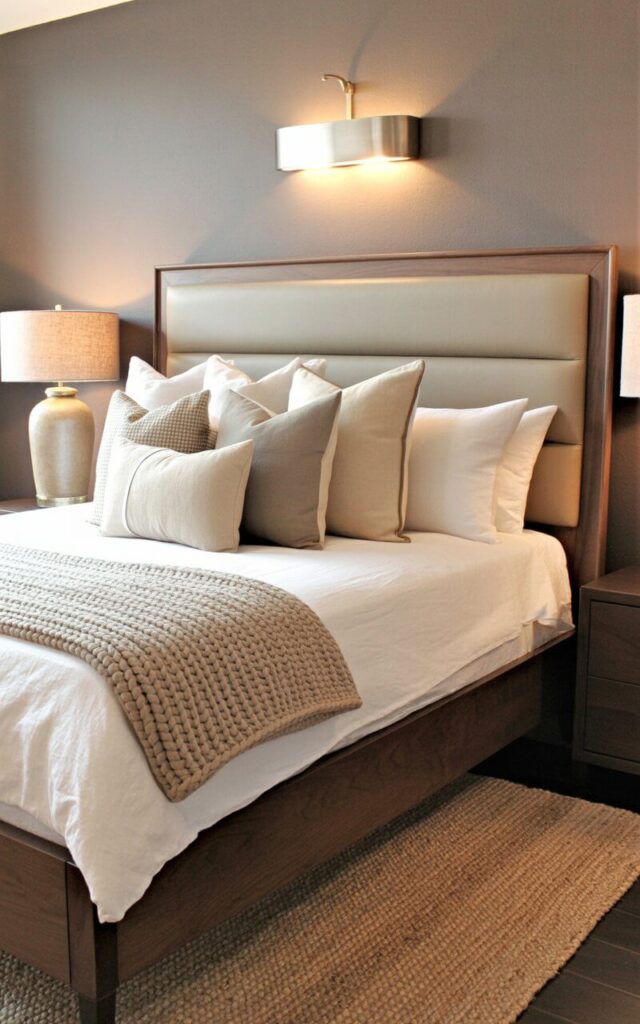 A king-sized bed with a dark walnut frame dominates the room, featuring a padded headboard with subtle channel stitching. Crisp white linen sheets are layered with a thick beige knit throw and several decorative pillows in varying shades of cream and gray, arranged in a neat stack. A single ceramic table lamp with a linen shade sits on each dark walnut nightstand, while a rectangular jute rug with a low pile anchors the bed. The room is illuminated by a wall sconce with a brushed nickel finish and a linen shade positioned above the headboard, providing a soft glow.