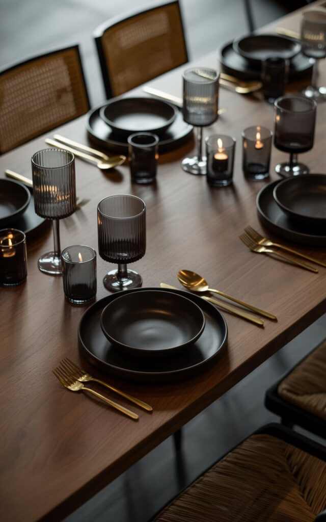 A moody photograph of an elegantly set dining table featuring dark glassware and ceramics arranged with sophisticated precision. The table showcases smoky charcoal glasses, matte black ceramic plates, and warm brass cutlery meticulously placed on a rich walnut dining surface. Minimalist dining chairs with clean geometric lines frame the setting, their sleek silhouettes emphasizing the deep, luxurious tones of the tablescape. Flickering candlelight dances across the glossy surfaces of the glassware and reflects softly on the brass elements, creating an intimate atmosphere of understated drama and refined elegance.
