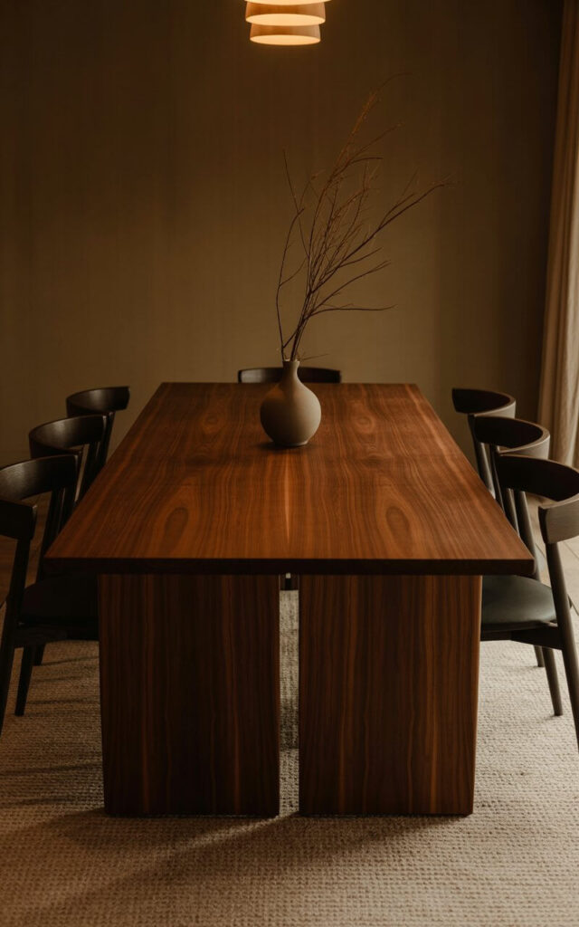 A photograph of a moody dining room featuring a substantial walnut dining table with rich, flowing grain patterns as the centerpiece. Six minimalist black leather dining chairs surround the table, their sleek lines contrasting beautifully with the organic wood texture, while a simple ceramic vase with dried branches sits elegantly on the table's surface. The room is bathed in warm amber lighting from pendant fixtures above, casting gentle shadows that highlight the wood's natural character and illuminate textured area rugs beneath the furniture. The space embodies timeless sophistication with its clean lines, quality materials, and restrained décor that celebrates the inherent beauty of the dark wood against muted wall tones.
