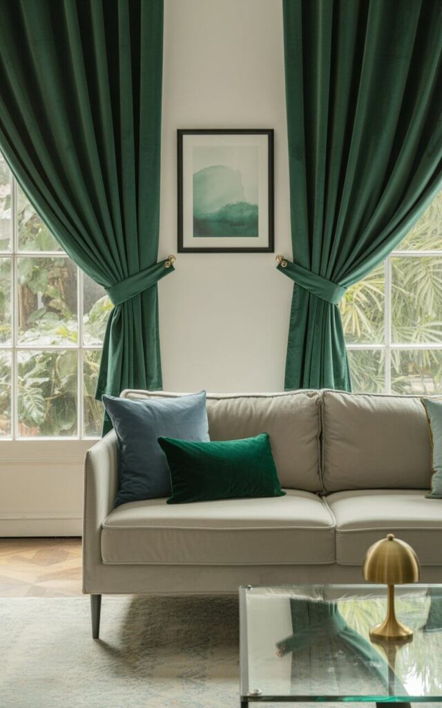 A photograph of a minimalist living room bathed in soft, natural light. A plush, neutral gray sofa sits centered in the frame, accented by a scattering of blue and green pillows, with one striking emerald velvet pillow adding a luxurious touch. Emerald green velvet curtains cascade dramatically from floor-to-ceiling windows, framing a glimpse of lush greenery outside, while a gleaming glass coffee table reflects the warm glow of a brass lamp.  Above the sofa, a framed artwork featuring muted teal and sage hues adds a final touch of serene elegance to the scene.