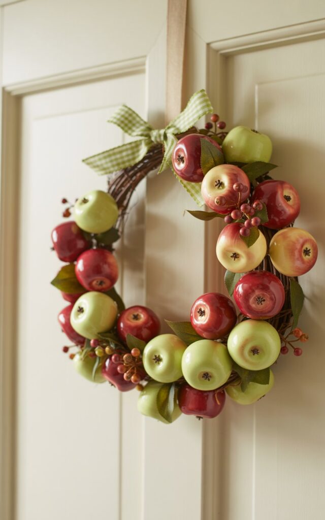 A photograph showcases a meticulously crafted Fall wreath hanging on a pristine white kitchen door. The wreath is composed of a charming cluster of faux mini apples—glossy crimson, pale green, and mottled russet—intertwined with berry sprigs and delicate leaves; some apples boast faint dimples where the stems attach, adding a touch of realism. A small gingham bow with slightly frayed edges anchors the arrangement, while a slender grapevine base peeks through, creating a rustic contrast to the glossy fruit. Soft, diffused light illuminates the wreath, casting gentle shadows and highlighting the intricate details of the apples against a softly blurred background.
