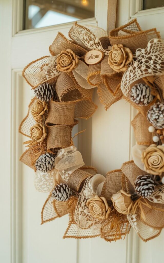 A photograph of a meticulously crafted fall wreath hanging on a pristine white door. The wreath is primarily composed of a coarse burlap ribbon with visible woven twill and intentional frayed edges, delicately layered beneath a cream lace overlay featuring floral scallops and intricate netting. Clusters of dried, papery roses and speckled pinecones are interspersed throughout, accented by a tiny wooden button with the inscription "Welcome" and soft, directional lighting casts subtle shadows between the fabric layers. The background reveals a glimpse of a warmly lit porch, highlighting the wreath’s nostalgic and handcrafted charm.