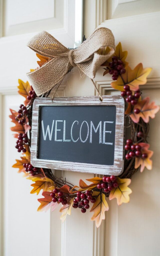 A photograph of an autumnal wreath delicately hanging on a pristine white door. The wreath features a miniature chalkboard plaque displaying the word "Welcome" in classic chalk lettering with slightly smudged edges. The plaque is nestled amongst faux oak leaves, deep garnet berries, and a rustic burlap bow, all held together with visible twine showing tiny fibers and a secure knot. Soft, diffused sunlight gently illuminates the wreath, highlighting the distressed whitewash streaks on the wooden frame and casting subtle shadows, creating a charming and inviting scene.