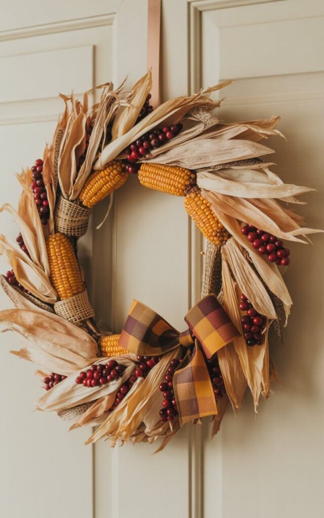 A photograph of a meticulously crafted Fall wreath hanging on a plain white door, its circular form dominating the frame. Dried corn husks, ranging in color from parchment tan to honeyed brown, are layered to create textured, overlapping fans, with tiny frays catching the light. Accents of braided burlap ribbon and clusters of faux cranberries are nestled within the husks, while a discreet mustard and burgundy plaid bow adds a touch of rustic charm. Soft, diffused natural light illuminates the wreath, highlighting its tactile beauty and harvest-inspired design, creating a warmly nostalgic scene.
