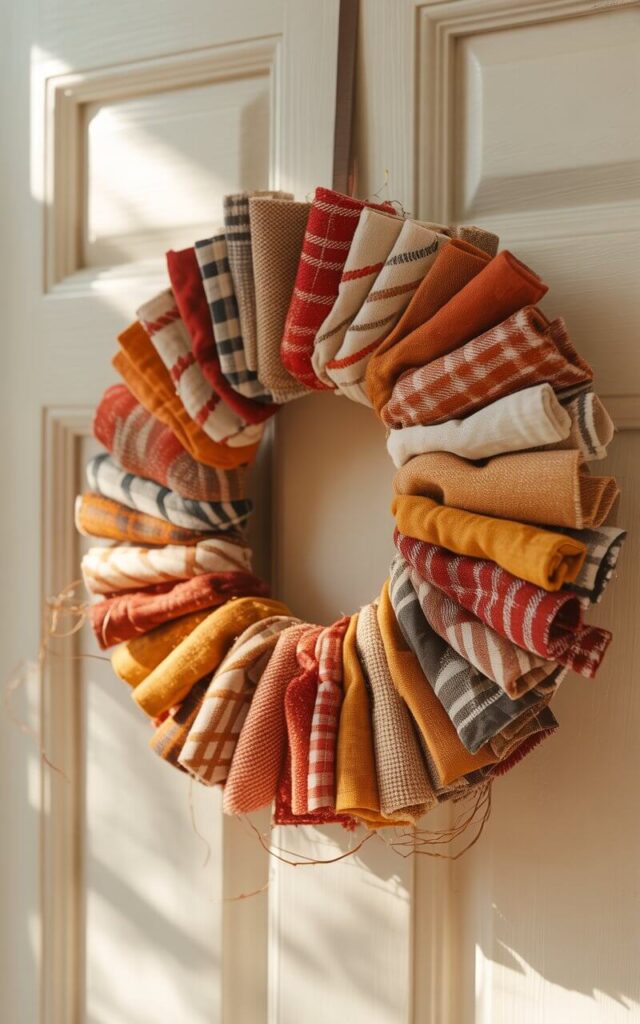 A photograph of a beautifully crafted fall wreath hanging on a pristine white door. The wreath is densely packed with fabric scraps—plaid flannel, burlap, and warm-toned cotton in rust, mustard, oatmeal, and deep red—carefully tied around a wire frame. Subtle variations in pattern and thickness create gentle shadows across the folds, revealing soft, tactile edges and occasional curling strands. Soft, diffused sunlight illuminates the wreath, highlighting its homespun texture and cozy character, creating a welcoming autumnal scene.