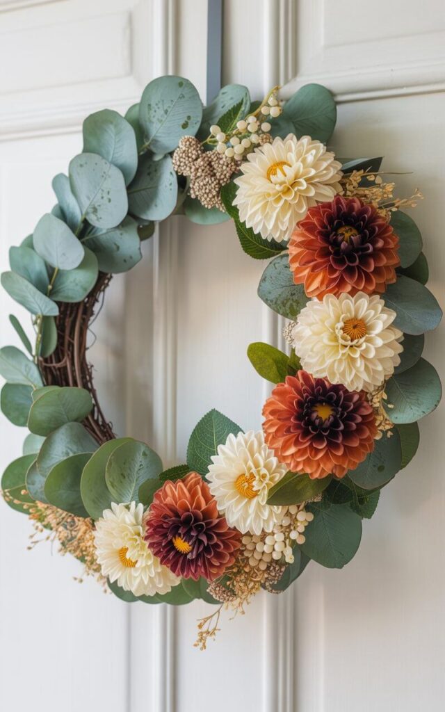 A photograph of a meticulously crafted fall wreath hanging on a pristine white door. The wreath features intertwining fresh eucalyptus leaves with subtle moisture spots and faux dahlias in rich rust and cream tones, their velvety petals contrasting beautifully. Tiny white berries and delicate dried strawflower heads are nestled amongst the foliage, revealing a grapevine base peeking through where stems meet. Soft, diffused sunlight illuminates the wreath, highlighting its textural layers and creating a warm, inviting ambiance.