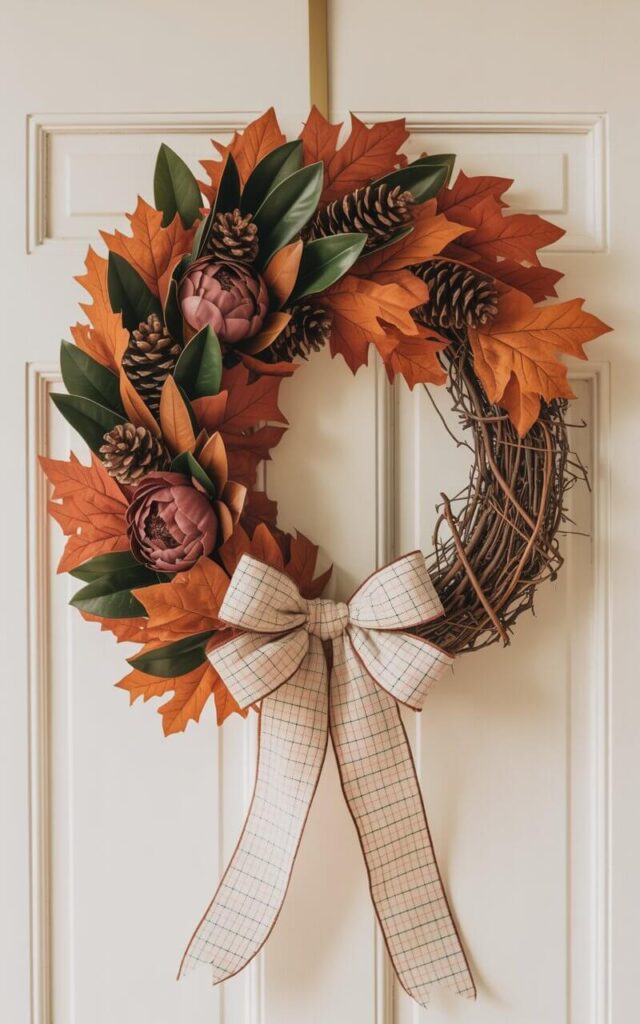 A photograph of a grand Fall wreath hanging on a pristine white door. The wreath is a layered arrangement of burnt orange maple leaves, muted burgundy peony heads, deep green magnolia leaves, and clusters of pinecones, all encircling a wide bow with subtle plaid patterning. The bow’s tails curl naturally, with visible stitched edges, cascading down the door and partially revealing the grapevine base of the wreath. Warm, diffused sunlight illuminates the wreath, highlighting its textures and creating soft shadows that emphasize its fullness and inviting design.