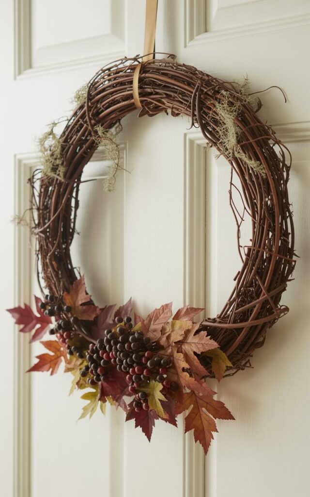 A photograph of a meticulously crafted fall wreath hanging on a pristine white door. The wreath's twisted grapevine base, showcasing cocoa brown and deep umber tones, is adorned with clusters of faux berries and muted autumn leaves artfully nestled within its coils. Soft, natural light illuminates the wreath, casting subtle shadows and emphasizing its raw, tactile texture against the clean white door. Wisps of moss cling delicately to the grapevine, completing a visually rich and organic arrangement.