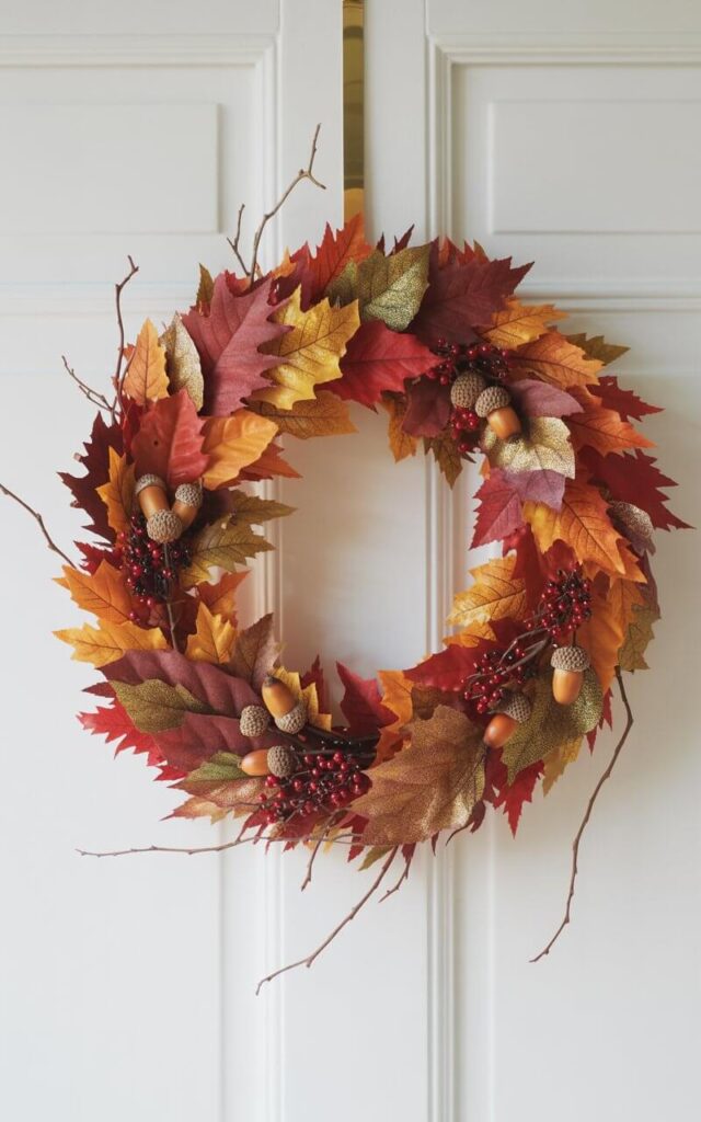A photograph of a beautifully designed Fall wreath hanging on a pristine white door. The wreath is a vibrant ring of preserved and faux leaves in rich autumnal colors—deep crimson, pumpkin orange, burnt sienna, and metallic gold highlights—with acorns and berry clusters artfully woven throughout. Delicate veins and subtle fissures on the leaves, combined with a layered arrangement, create a rich texture and a natural shimmer, while thin twig branches offer a subtle structural backbone. Soft, diffused daylight illuminates the wreath, highlighting its colors and texture against the clean backdrop of the white door.