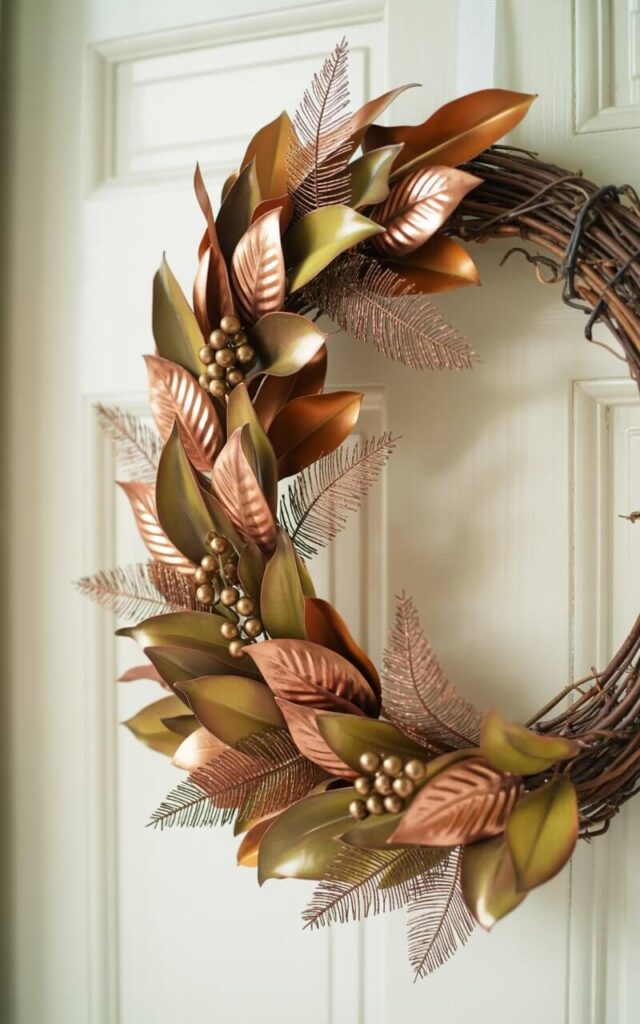 A photograph showcases a meticulously crafted Fall wreath artfully displayed on a pristine white door. The wreath, built on a rustic grapevine base, features copper and brushed-gold leaves that subtly glint in the soft, diffused light, highlighting the embossed veins and serrated edges of each leaf. Small bronze-dipped berries are nestled amongst muted magnolia leaves, and metallic ribbons with fine wire edges gracefully swirl through the arrangement, all secured with cleverly concealed floral wire. The background is softly blurred, emphasizing the wreath’s balanced design and radiant blend of natural and glamorous elements, creating a welcoming and festive atmosphere.