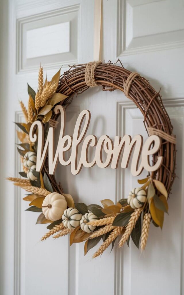A photograph of a beautifully crafted Fall wreath hanging on a pristine white door. The wreath features a central wooden monogram displaying "WELCOME" in a matte cream finish with gently distressed edges, nestled amongst layered harvest elements like preserved wheat stalks and muted pumpkin accents. The grapevine base and clusters of dried leaves create a warm, rustic frame around the monogram, subtly emphasizing the letter's carved details and soft twine ties. Soft, diffused natural light illuminates the wreath, casting gentle shadows and highlighting the seasonal textures and refined composition.