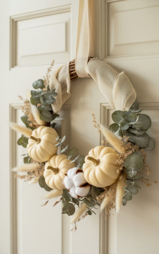 A photograph of a beautifully crafted fall wreath hanging on a pristine white door. The wreath features a creamed linen ribbon intertwined with pale beige miniature pumpkins, muted sage eucalyptus, and soft, pale pampas plumes, capturing the delicate fuzz and subtle textures of each element. A few dried cotton bolls are artfully placed amongst the silvery-green eucalyptus, providing a sculptural contrast, while the jute twine-wrapped base is partially visible. Soft, warm, diffused light gently illuminates the scene, enhancing the wreath's quiet elegance and inviting transitional feel.