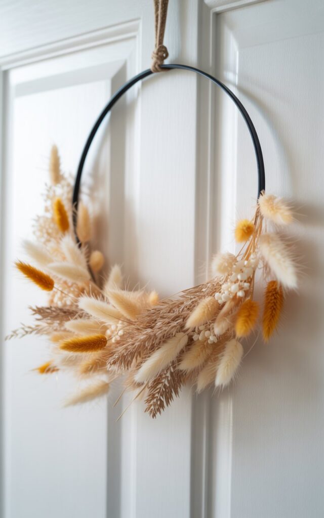 A photograph showcasing a meticulously crafted Fall wreath hanging gracefully on a crisp white door. The wreath centers on feathery pampas grass plumes arranged on a slim black metal hoop, forming an airy, asymmetrical fan that spills outward like a soft feathered cloud, with each plume displaying a gradient from creamy ivory to warm wheat tones. Scattered amongst the plumes are small dried bunny tails and clusters of bleached florals, while the black metal hoop’s finish peeks through at the attachment points, secured by fine wire and twine. Soft, diffused natural light illuminates the scene, highlighting the wreath’s texture and silhouette against the blurred background, creating a modern and inviting aesthetic.