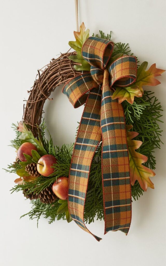 A photograph of a beautifully crafted Fall wreath hanging against a stark white wall. The wreath showcases a woven plaid ribbon, displaying a classic blend of mustard, rust, deep navy, and forest green, threaded through dense evergreen sprigs and nestled around a rustic grapevine base. Scattered amongst the greenery are glossy faux apples and detailed pinecones, with oak leaves exhibiting visible midribs, while the ribbon forms a loose bow with tails elegantly draping downwards. Soft, natural light illuminates the wreath, highlighting the ribbon's texture and the glossy tips of the evergreen needles, creating a cozy and inviting aesthetic.