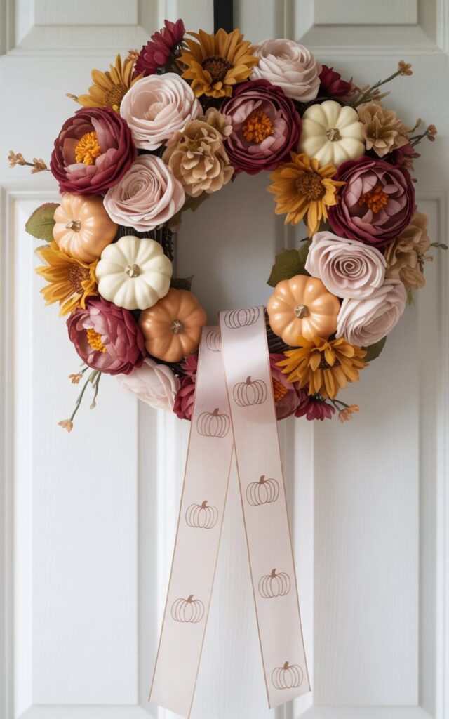 A photograph of a meticulously crafted Fall wreath hanging on a pristine white door. The wreath is brimming with layered silk florals, including burgundy peonies, golden mums, and pale blush roses, their petals exhibiting subtle color gradations. Small faux pumpkins in soft white and muted terracotta are nestled amongst the florals, accented by a wide satin ribbon patterned with tiny pumpkin silhouettes woven in flowing loops, revealing the discrete pinning where stems are anchored. Soft, diffused light gently illuminates the wreath's textures and the ribbon's reflective threads, creating a lush and seasonally expressive display.