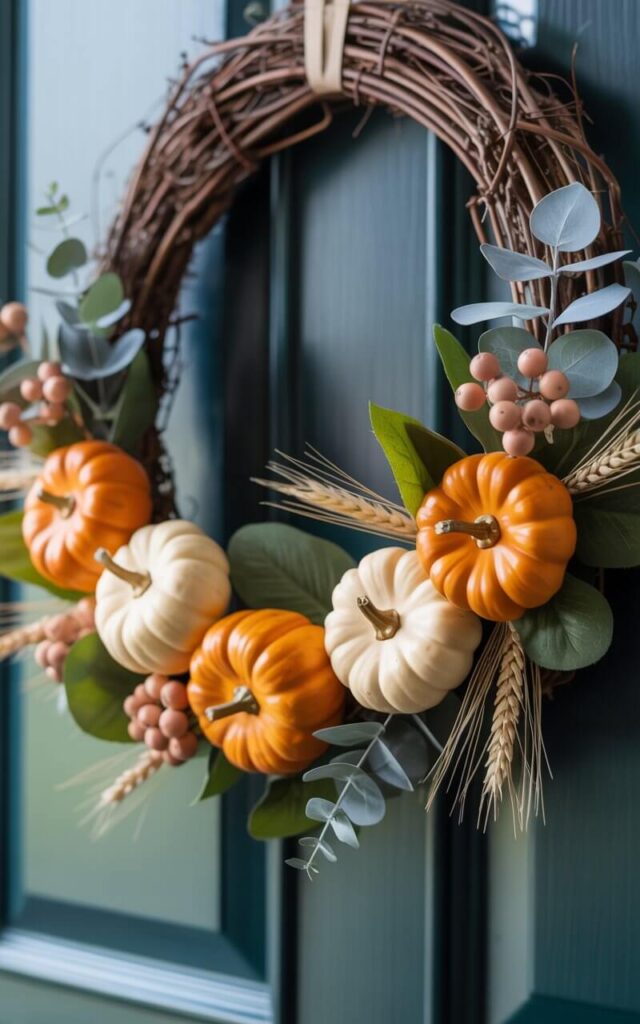 A photograph of a beautifully crafted Fall wreath centered against a rustic, dark-green painted door. The wreath consists of a textured grapevine base adorned with faux mini pumpkins in shades of burnt orange, creamy alabaster, and sage, interspersed with eucalyptus sprigs, delicate wheat stems, and satin berry clusters. Subtle details like floral wire loops and hot-glue strings are visible, highlighting the craftsmanship, while a shallow depth of field keeps the pumpkins razor-sharp, blurring the background door and softening the light. Soft, diffused light highlights the pumpkins’ contours and the eucalyptus's powdery bloom, creating an inviting and tactile visual experience.