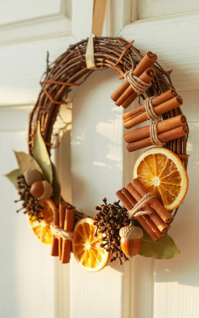 A photograph of a beautifully crafted Fall wreath hanging on a pristine white door. The wreath is primarily composed of paired cinnamon sticks, meticulously bound with thin jute twine, their textured bark displaying rich brown striations, interspersed with translucent slices of dried orange showcasing delicate segment lines. Nestled amongst the cinnamon and oranges are sprigs of bay leaves, polished acorns, and tiny clove buds, all artfully arranged on a grapevine base that exhibits subtle amber residue from secure adhesives. Warm, diffused sunlight illuminates the oranges and casts gentle shadows, creating an inviting and aromatic visual effect.