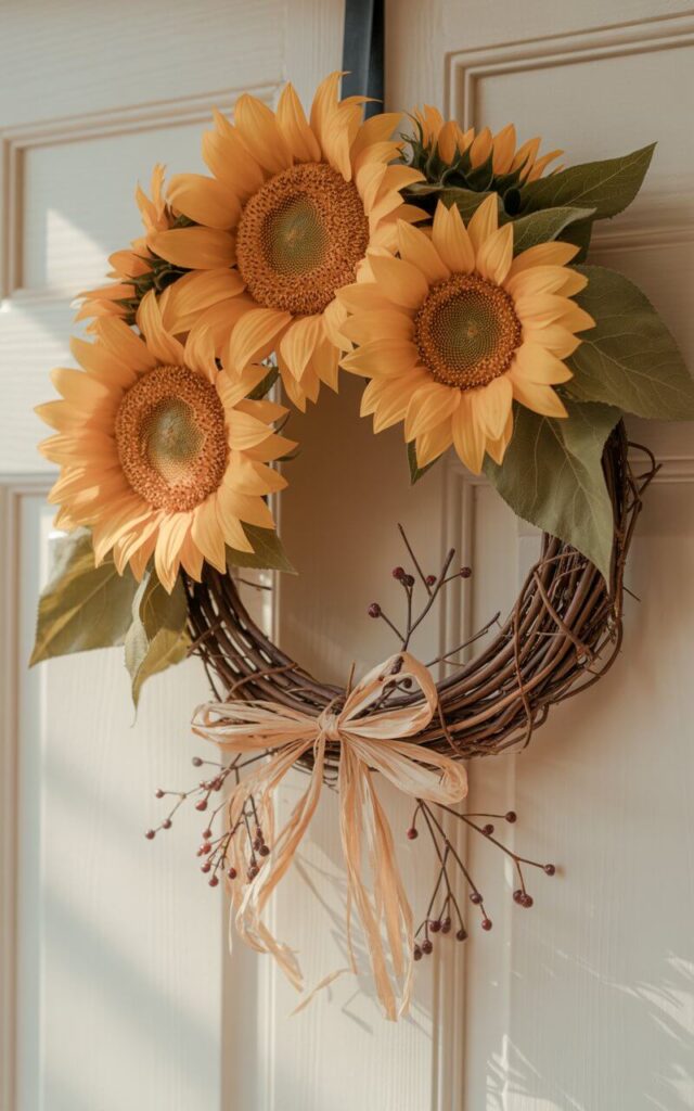 A photograph showcases a meticulously crafted Fall wreath hanging against a pristine white door. The wreath’s focal point is a cluster of three sunflowers—a large central bloom, a medium one slightly offset, and a smaller one nestled behind—each displaying petals ranging from deep butter-gold to a softer yellow with subtly frayed edges. Olive-green leaves with visible veins are tucked beneath the sunflowers, while a loose bow of raffia and delicate berry sprigs weave through the base of the grapevine ring, highlighting the wreath's layered texture. Warm, directional lighting from the left accentuates the sunflowers' translucence and casts soft shadows, creating a sense of depth and highlighting the wreath's deliberate and abundant design.