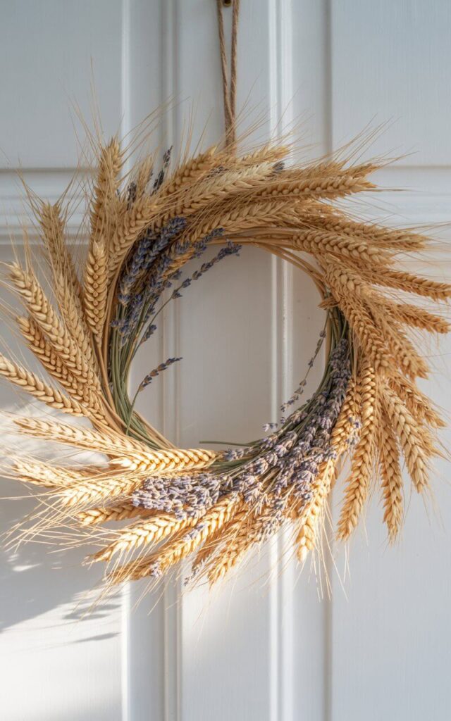 A photograph of a beautifully crafted Fall wreath hanging on a stark white door. The wreath is composed of tightly bundled wheat stalks with golden heads, showcasing their natural curvature and fine details of kernels and awns bound together with natural twine. Interspersed throughout the wheat are delicate stems of dried lavender, providing subtle purple accents against the warm golden tones, and catching the gentle light. Soft, diffused sunlight illuminates the wreath, creating a rustic sheen and highlighting the textures of the wheat, twine, and lavender, set against the clean simplicity of the white door.