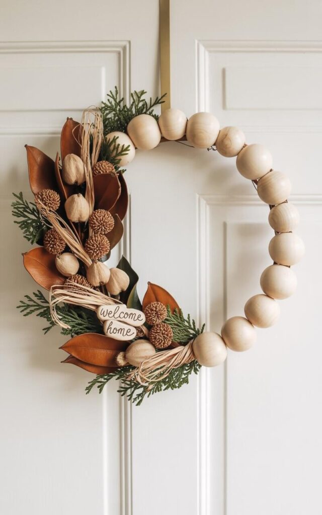 A photograph of a beautifully designed Fall wreath hanging on a pristine white door. The wreath centers on smooth, unfinished wood beads strung along a grapevine ring, alternating in size, with delicate dried seed pods, curled magnolia leaves, and sprigs of preserved cedar artfully tucked between them. Wisps of raffia and subtle twine knots secure each cluster, creating a grounded, earthy character and the words “Welcome Home” are subtly integrated within the cedar sprigs. Soft, natural light illuminates the wreath, highlighting the interplay of textures and casting gentle shadows against the clean white door.