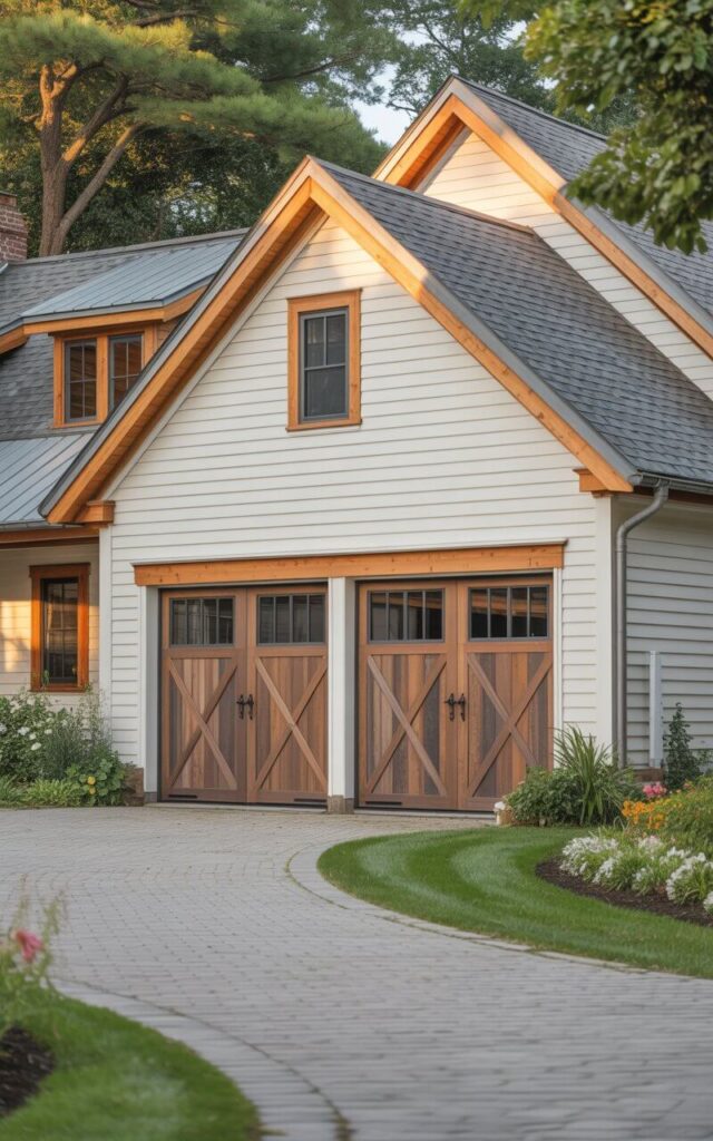 A photograph of a beautifully designed farmhouse home with a prominent barn-style garage. The garage doors feature classic crossbuck panels finished in a rich, weathered wood tone with matte black hardware, creating a striking contrast against the crisp white horizontal siding of the farmhouse. Warm cedar trim accents the windows and roofline, while a gently curving stone driveway leads towards the house, framed by lush green lawn and vibrant flowerbeds. Soft, golden light illuminates the scene, casting long shadows and highlighting the home's inviting and authentic farmhouse design.