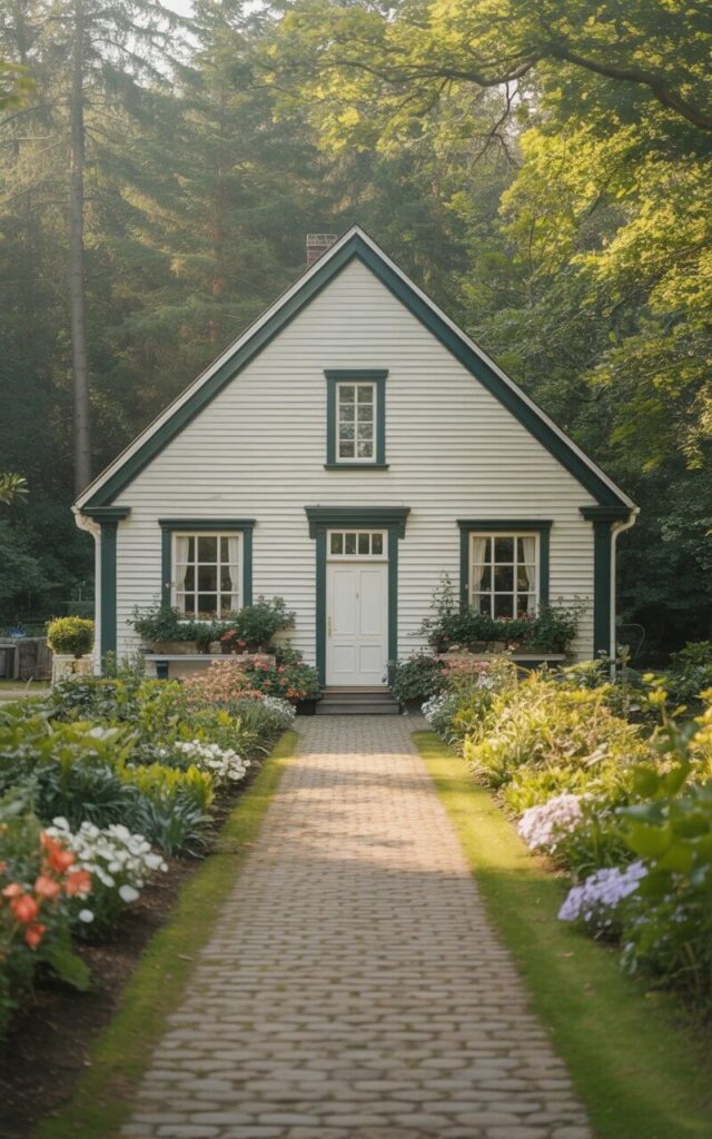 A photograph of a beautifully designed farmhouse nestled amidst a vibrant green forest. The crisp white siding contrasts sharply with the forest green trim around the windows and front door, highlighting the symmetrical façade. A cobblestone path leads to the entrance, framed by meticulously manicured flowerbeds bursting with colorful blooms and lush greenery. Soft, golden sunlight bathes the scene, casting long shadows and emphasizing the farmhouse's classic charm and modern precision.
