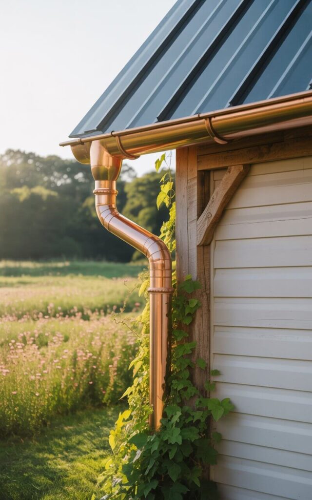 A photograph of a beautifully designed farmhouse bathed in warm afternoon sunlight. The farmhouse boasts crisp white siding contrasted by a dark metal roof and rustic wooden beams, with polished copper half-round gutters elegantly tracing the roofline. Lush green ivy climbs alongside the downspouts, which curve gracefully and reflect the sunlight. A vibrant, sprawling field of wildflowers stretches out beyond the farmhouse, creating a picturesque and tranquil scene.