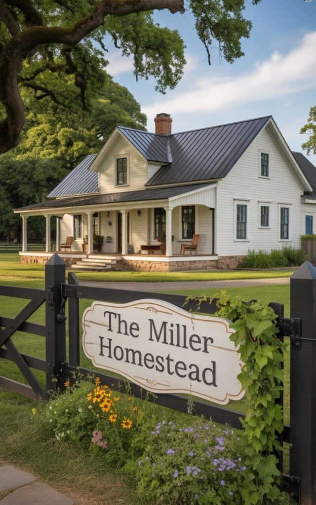 A photograph of a charming farmhouse bathed in the golden light of late afternoon. The farmhouse itself boasts crisp white siding, a contrasting black metal roof, and a welcoming stone-bordered walkway leading to a wide, inviting porch with rocking chairs. A personalized wooden sign hangs proudly near the front gate, displaying "The Miller Homestead" in elegant, hand-carved lettering surrounded by a vibrant array of wildflowers and climbing ivy. Lush green lawns and mature oak trees frame the scene, creating a picturesque and serene setting.