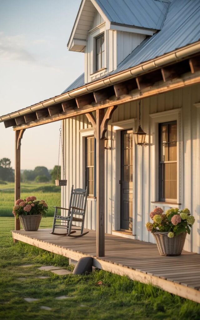 A photograph of a charming farmhouse bathed in the warm light of late afternoon. The exterior showcases smooth white paneling accented by rustic wooden beams and a dark metal roof, all centered around an inviting wraparound porch. Two weathered rocking chairs sit alongside wicker planters overflowing with vibrant hydrangeas, while a porch swing gently sways beneath hanging lanterns. Lush green grass stretches out before the farmhouse, blurring slightly into a backdrop of distant trees under a clear, expansive sky.