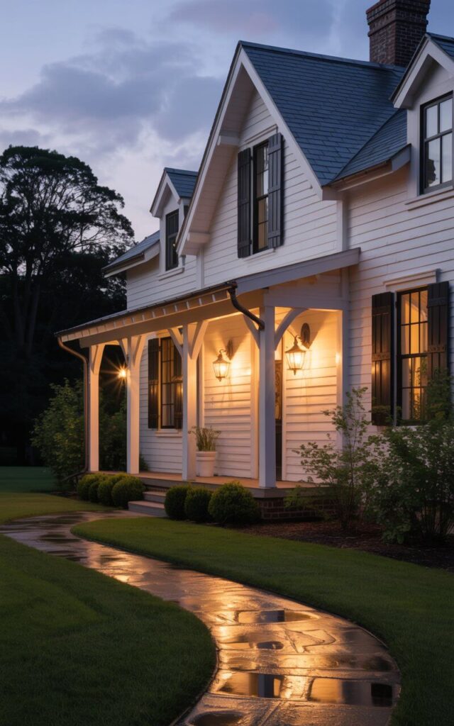 A photograph of a charming farmhouse bathed in the soft glow of twilight. The creamy white siding and exposed wooden beams create a classic and inviting exterior, complemented by black iron lanterns gracefully flanking the front door and lining the porch posts. A gently winding stone pathway leads to the entrance, reflecting the warm light and enhancing the home's welcoming ambiance. Surrounding the farmhouse are lush green bushes and tall trees, silhouetted against a dusky lavender sky, suggesting a peaceful and secluded setting.