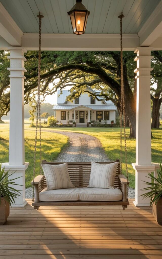 A photograph of a charming farmhouse with a welcoming front porch, showcasing a cozy swing as the focal point. The swing, adorned with soft, striped cushions, gently sways against the backdrop of crisp white columns and warm cedar accents framing the porch. A gravel path winds through a lush green yard, leading towards the house, bathed in the warm glow of the afternoon sun filtering through mature oak trees. The scene exudes a sense of peaceful comfort and rustic elegance.